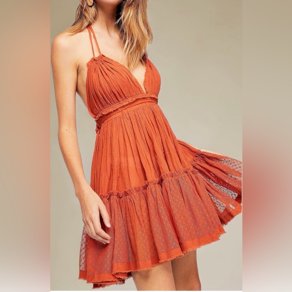 Halter Babydoll Mini Dress Boho Mesh Swiss Dot Hem Small Red Orange